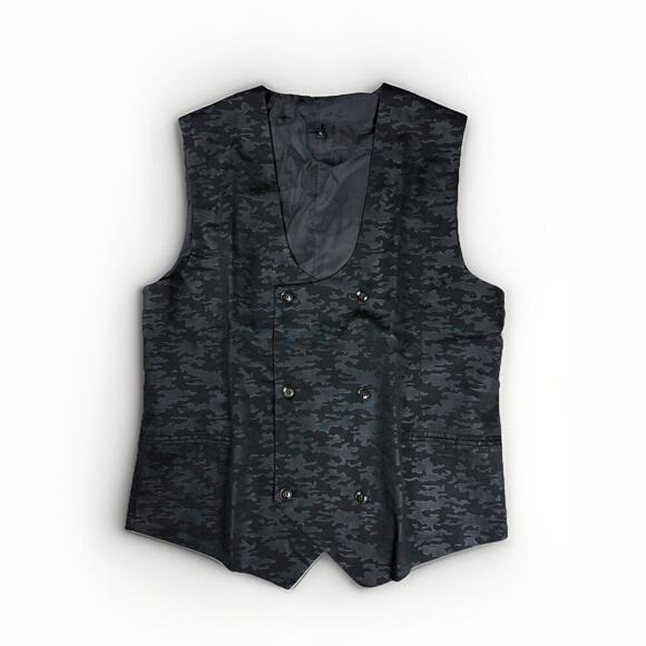 Camo Textured Tuxedo Vest Mens XL Black Double Breasted Formal Steampunk Goth - Picture 1 of 9